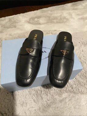 Prada Black Leather Logo Loafer Mules Slide